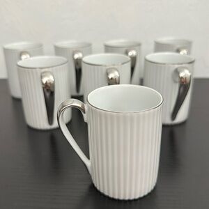 8 Vintage Ucagco White Ribbed Porcelain Silver Trim Demitasse Tea Cups